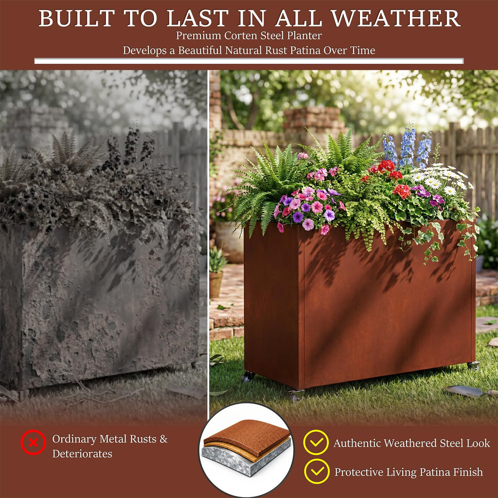 36" L x 12" W x 27" H Corten Steel Planter Box with Wheels