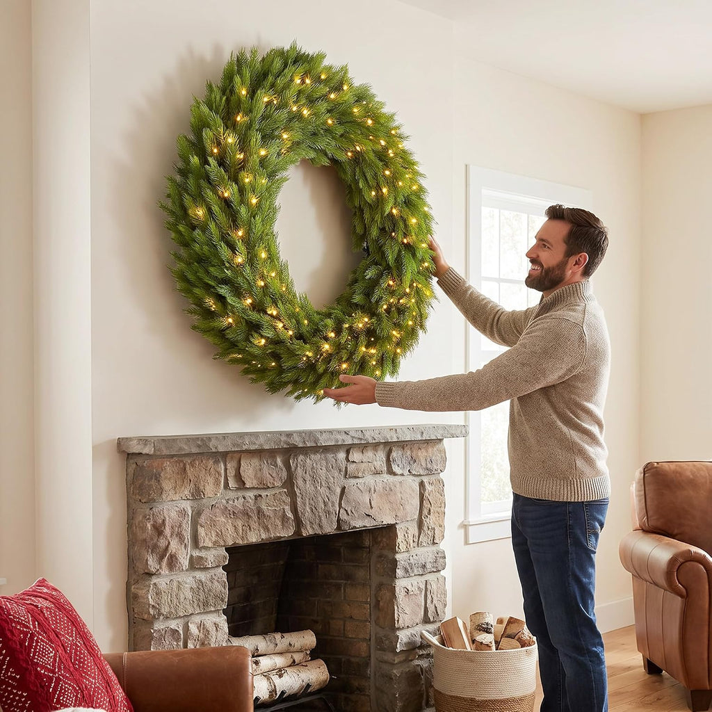 48 in Pre-Lit Norwegian Spruce Artificial Christmas Wreath, Green