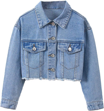 Girl's Raw Hem Crop Denim Jacket Long Sleeve Shacket Single Breasted Spring Fall Outerwear