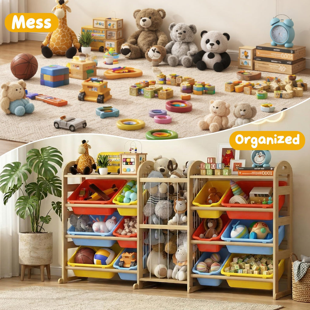 Toy Storage Organizer with Stuffed Animal Storage, 66.1"W Multi Color, 2-Shelf Bookcase / Bookshelf with 12 Toy Bins