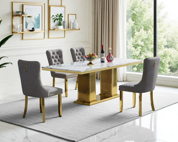 5 Piece Dining Table Set, Gold Dining Table with White Printed Marble Top&Stainless Steel Base, 68.11" Kitchen Table