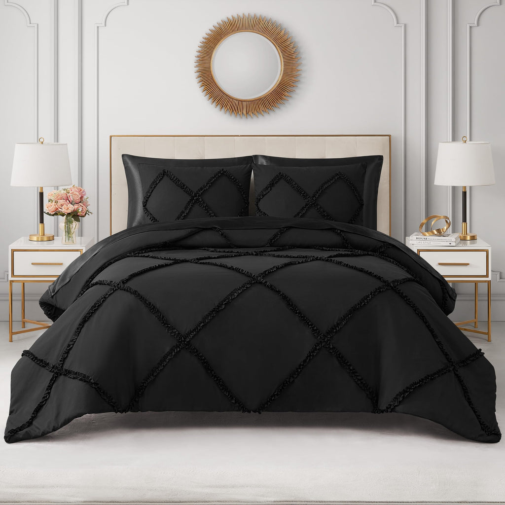 Diamond Comforter Set - Ruffle 2-Piece Machine Washable Reversible Bedding Comforter Set, Black