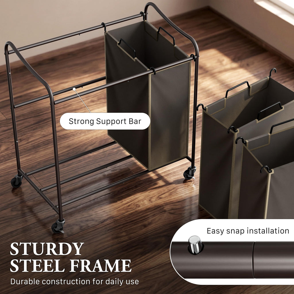 Heavy Duty 3-Bag Laundry Sorter Rolling Cart, Bronze