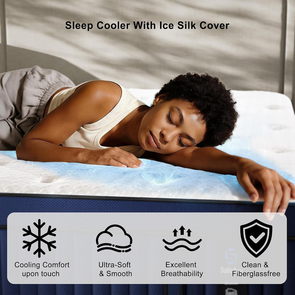 14 Inch Cal King Mattress with Ice Silk Cover, Euro Top Hybrid Gel Memory Foam with 7-Zone Pocketed Coils, Medium