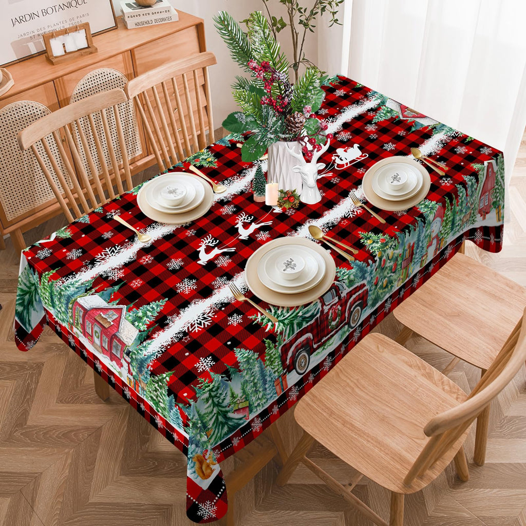 Christmas Tablecloth 52x70 Inches, Holiday Red Table Cloth for Rectangle Tables - Red Truck Christmas Decorations