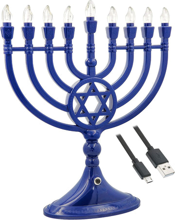 Traditional LED Electric Blue Hanukkah -Full Size 13 Inches High 3 AA Battery or USB Powered - Includes a Micro USB