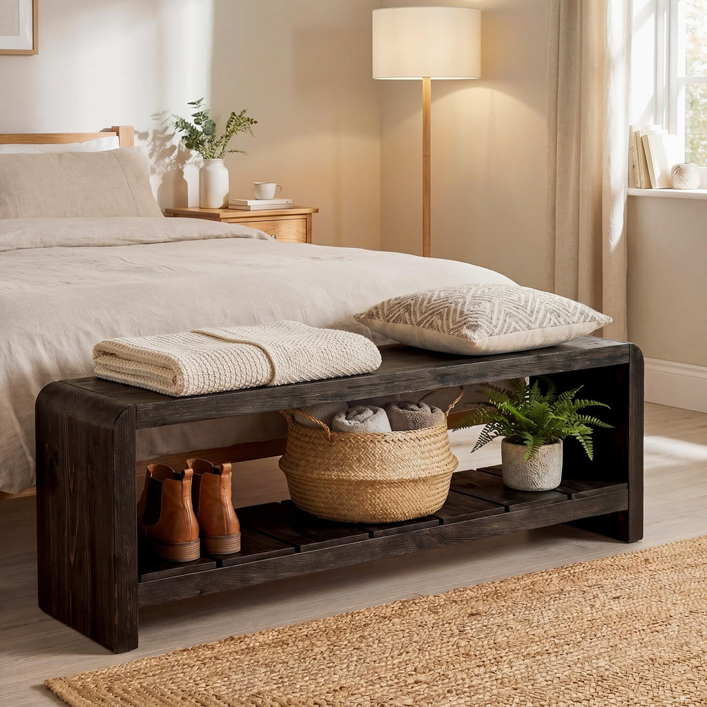 Solid Wood Entryway Bench with Shoe Storage, 59.06-Inch Long Shoe Bench with Open Shelf, Farmhouse End of Bed Seating