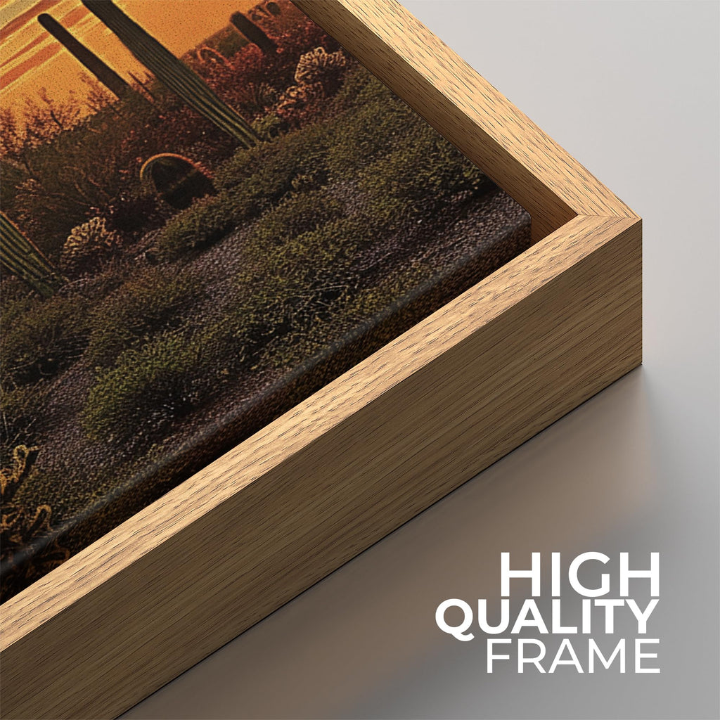 Framed Canvas Print Wall Art Set Desert Sunset Cactus Artwork, Dramatic Sky Southwest Landscape Illustrations Modern