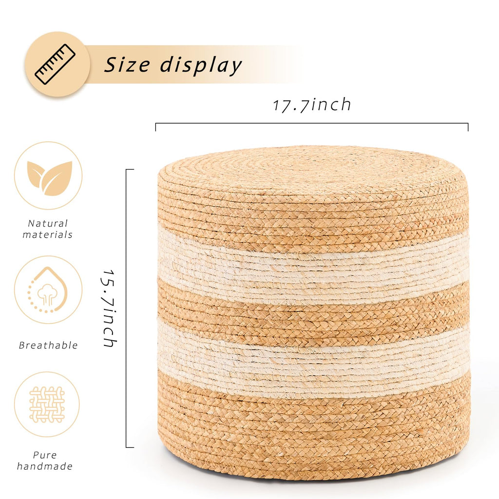 Handwoven Ottoman Pouf, Natural Water Hyacinth Footstool, Round Braided Outdoor Seat with Sturdy Frame, Boho Accent