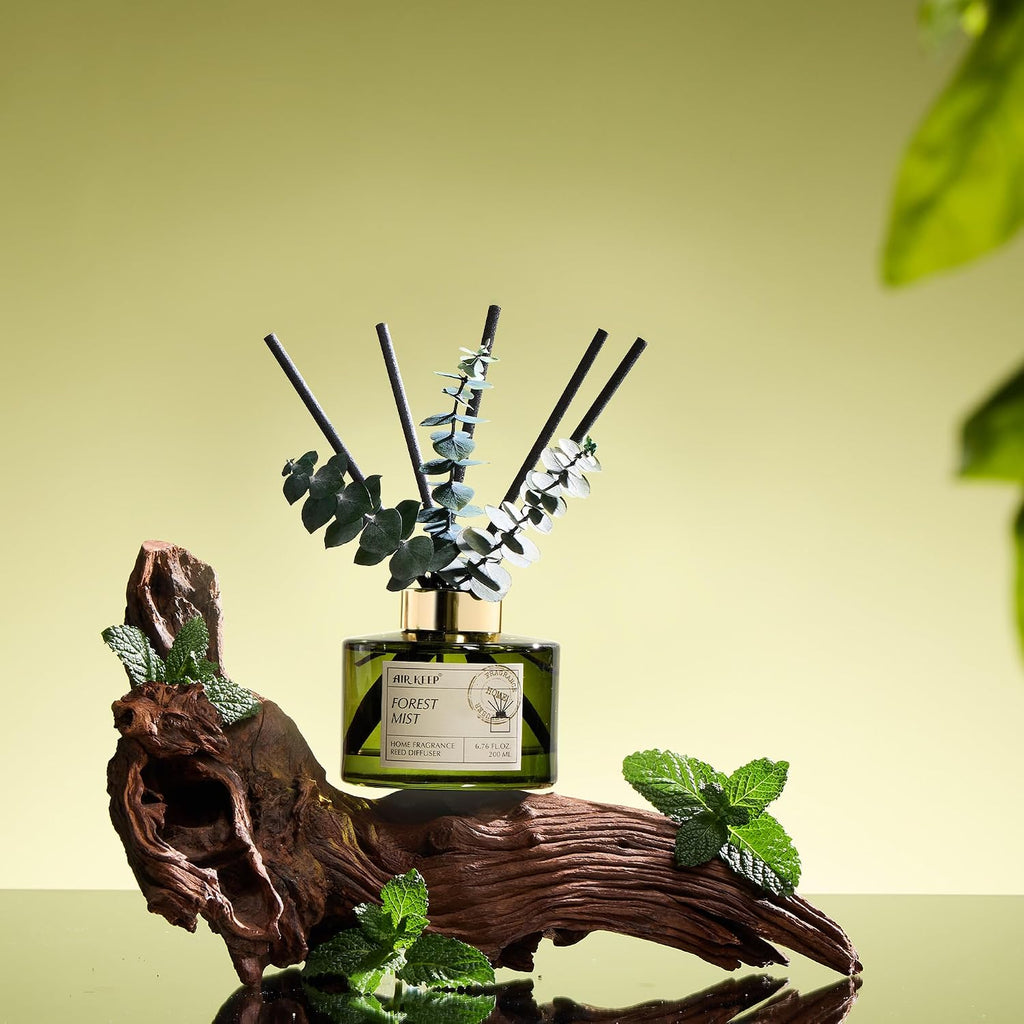 Reed Diffuser Set with 6.76 fl oz Forest Mist Scent Essential Oils and 3 Leaves & 8 Diffuser Sticks,Bathroom Shelf