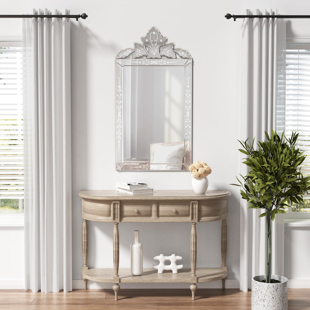 Bathroom Vanity Decorative Mirrors for Wall Decor 42" x 24" Venetian Wall Mirror with Floral Etched Design Crown Top