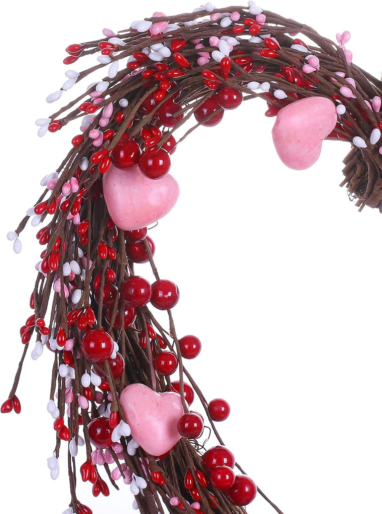 Valentine's Day Wreath,15" Heart Shaped Wreath with Red Berries and Small Pink Hearts for Valentine's Day Wedding
