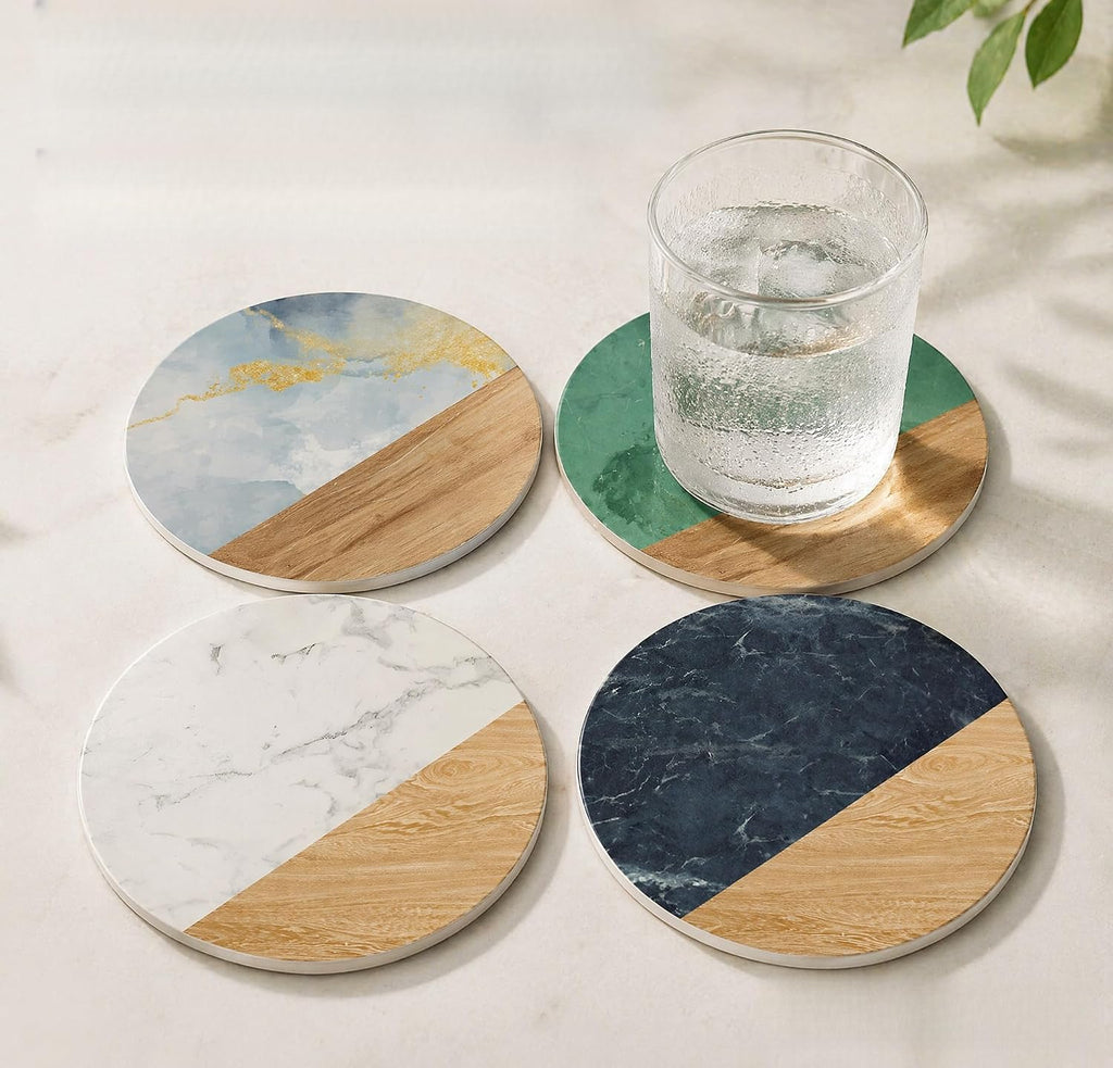 Diatomite Coasters Set, Marble & Wood, Absorbent, Diatomaceous Earth, Modern Home Decor & Accessories - Set of 4