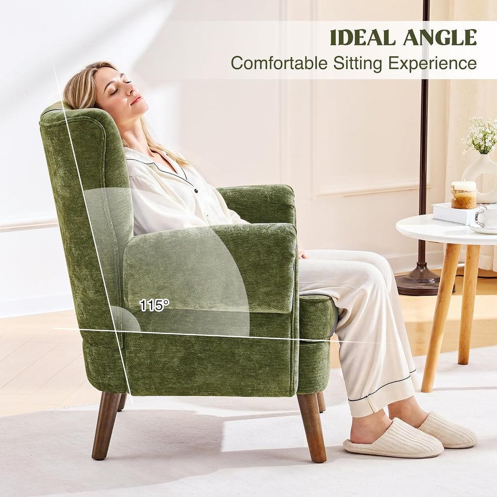 Wingback Accent Chairs , Mid-Century Modern Living Room Chairs, High Wingback Reading Chair, Chenille Tufted