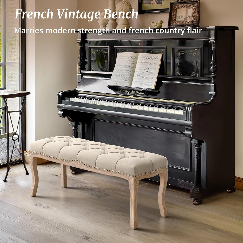Bedroom Bench, French Vintage Tufted Entryway Bench, 45.2" Carving Upholstered End of Bed Bench with Distressed Wood