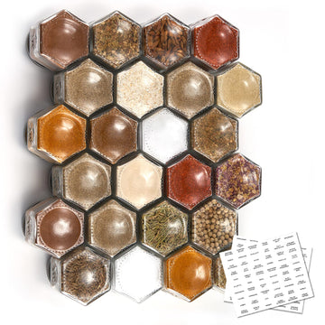 Set of 24 Hexagon Glass Spice Jars with Shaker Lids and Labels for Refrigerator, Kitchen, RV Travel Trailer Magnetic
