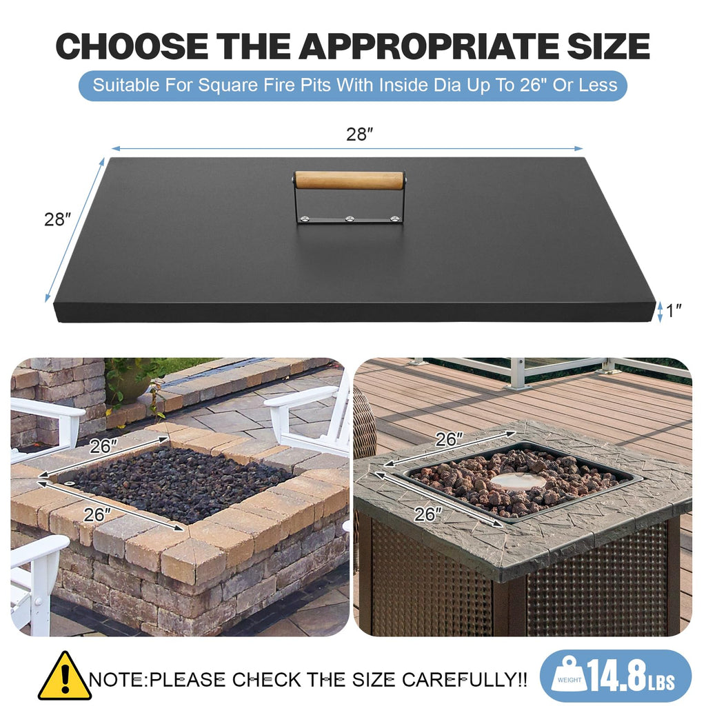Fire Pit Lid Square 28", Heat Resistant Metal Firepit Cover