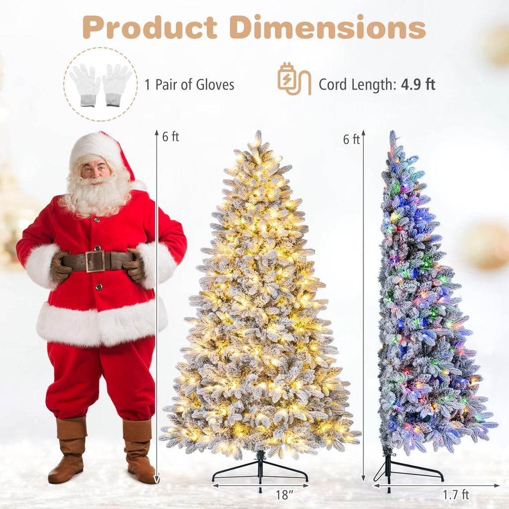 6FT Pre-lit Half Christmas Tree, Snow Flocked Artificial Xmas Tree