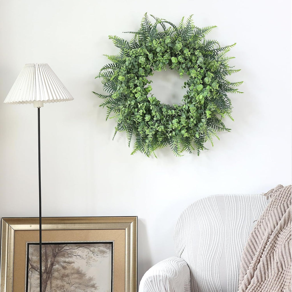 26" Artificial Eucalyptus & Boston Ferns Wreath for Front Door (Gray-Green)