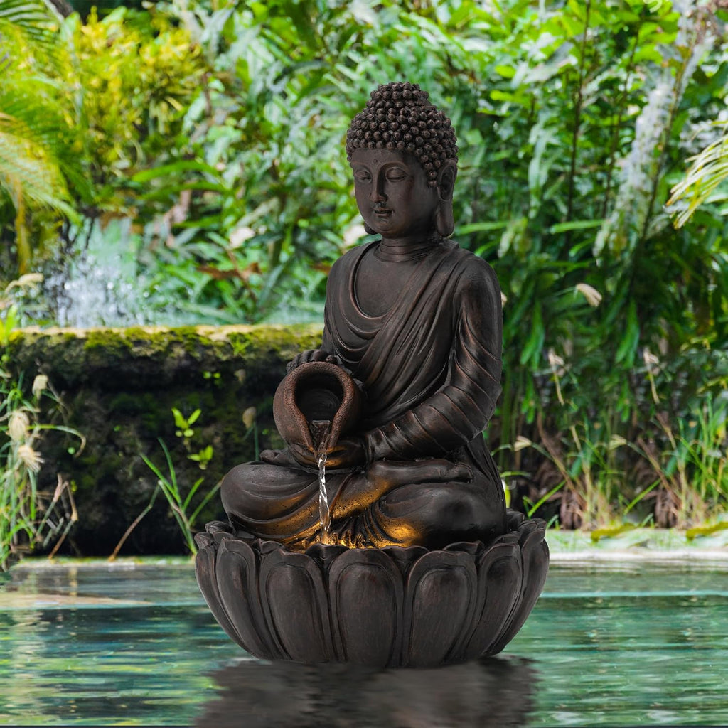 Buddha Fountain Outdoor 2 Tier Zen Style Buddha Water Fountains with Pump & LED Light, Buddha Fountains