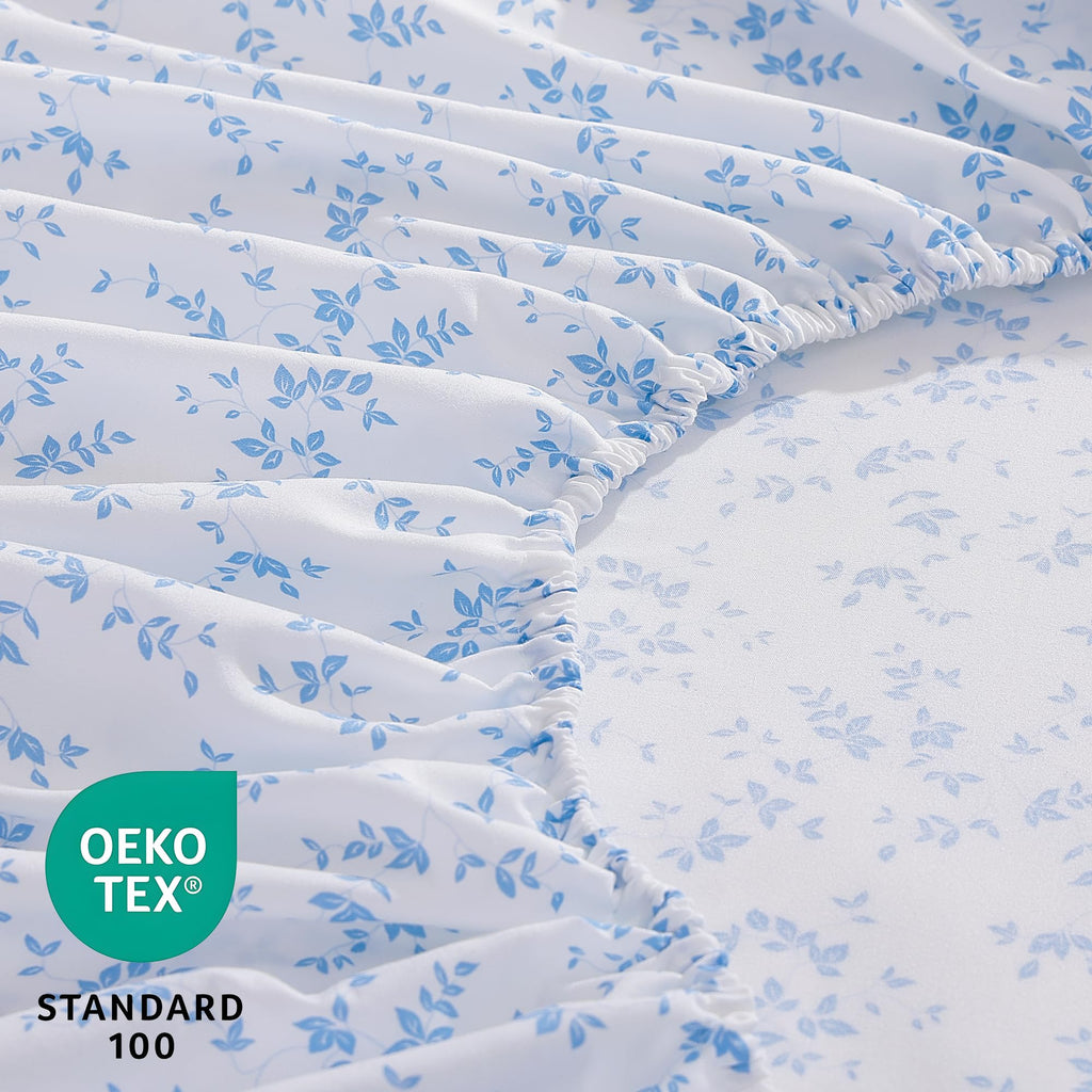 Blue Floral Print Queen Ruffled Sheet Set 4 Pcs - Soft Lightweight Microfiber Bedding Set with Deep Pocket Fitted
