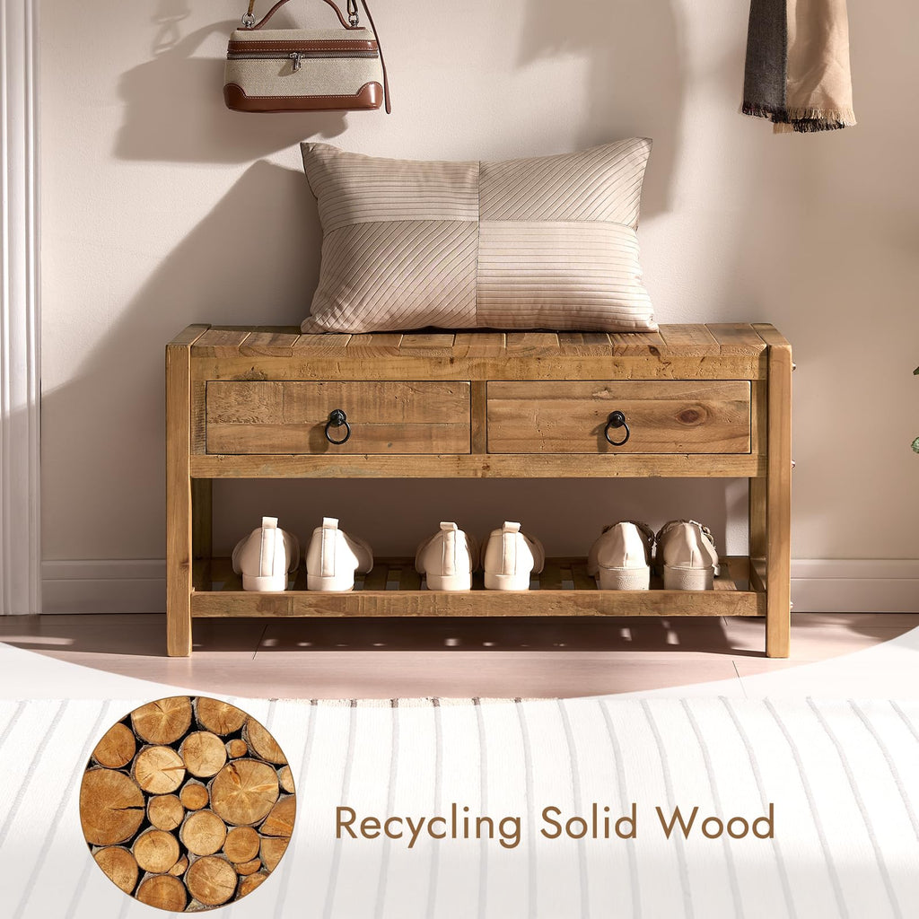 31.3" Reclaimed Solid Wood Entryway Bench with 2 Drawers & Shelf