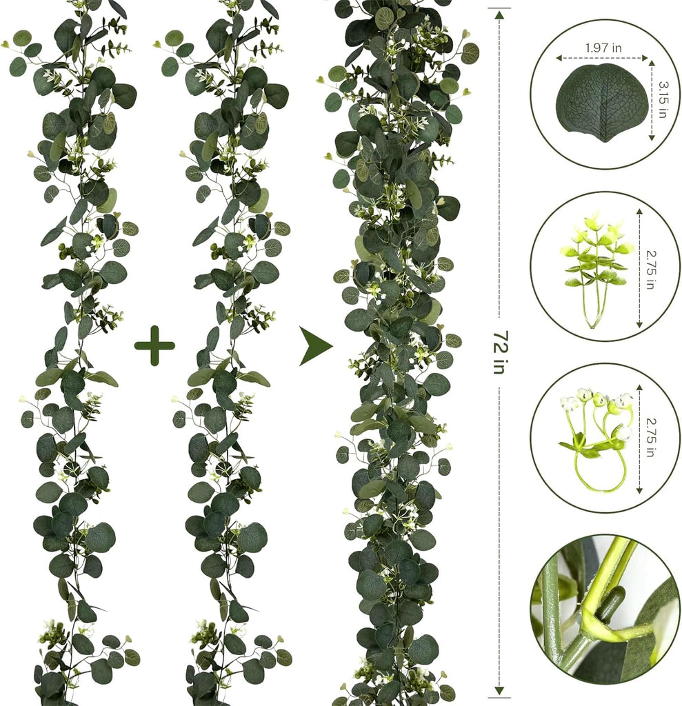 Eucalyptus Garland, 6FT Green Flower Garland Decor, Spring Summer Artificial Faux Eucalyptus Leaves Greenery - Set of 4