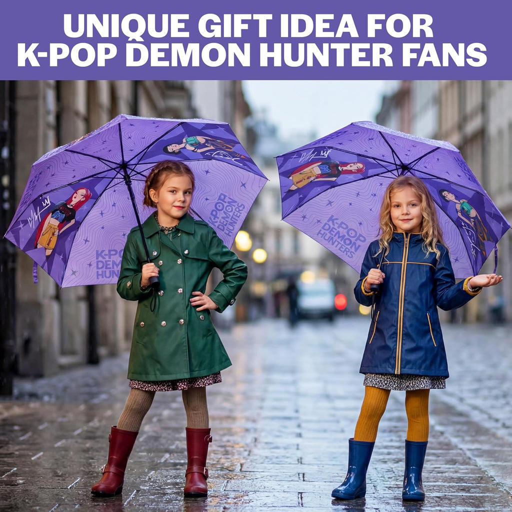 KPop Demon Hunters Windproof Travel Umbrella, Huntrix Strong Folding Compact Umbrellas for Rain, Light Portable Kids