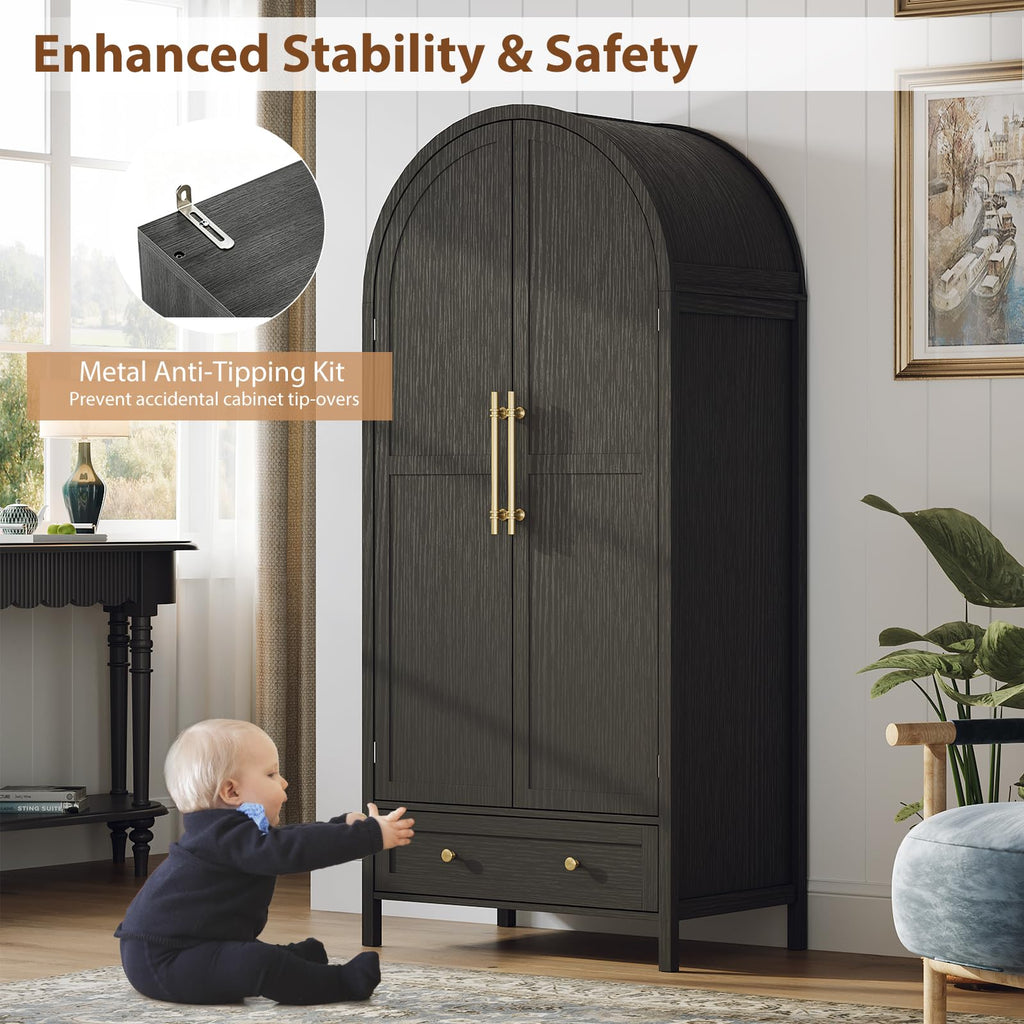 Arched Wardrobe Closet Armoire with Doors and Drawer, Bedroom Armoires Black Wardrobe Cabinet Closet, 19.7" D x 31.5"