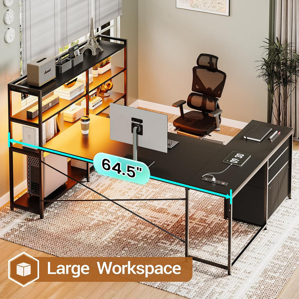 64.5" Reversible L Shaped Gaming Desk with Storage Drawers, Shelves | U Shaped Corner Computer Desk with 3 Fabric