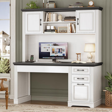 Farmhouse Computer Desk with Hutch and 3 Drawers, 47.2" Executive Office Desk with Storage Drawers, Wood Desk with