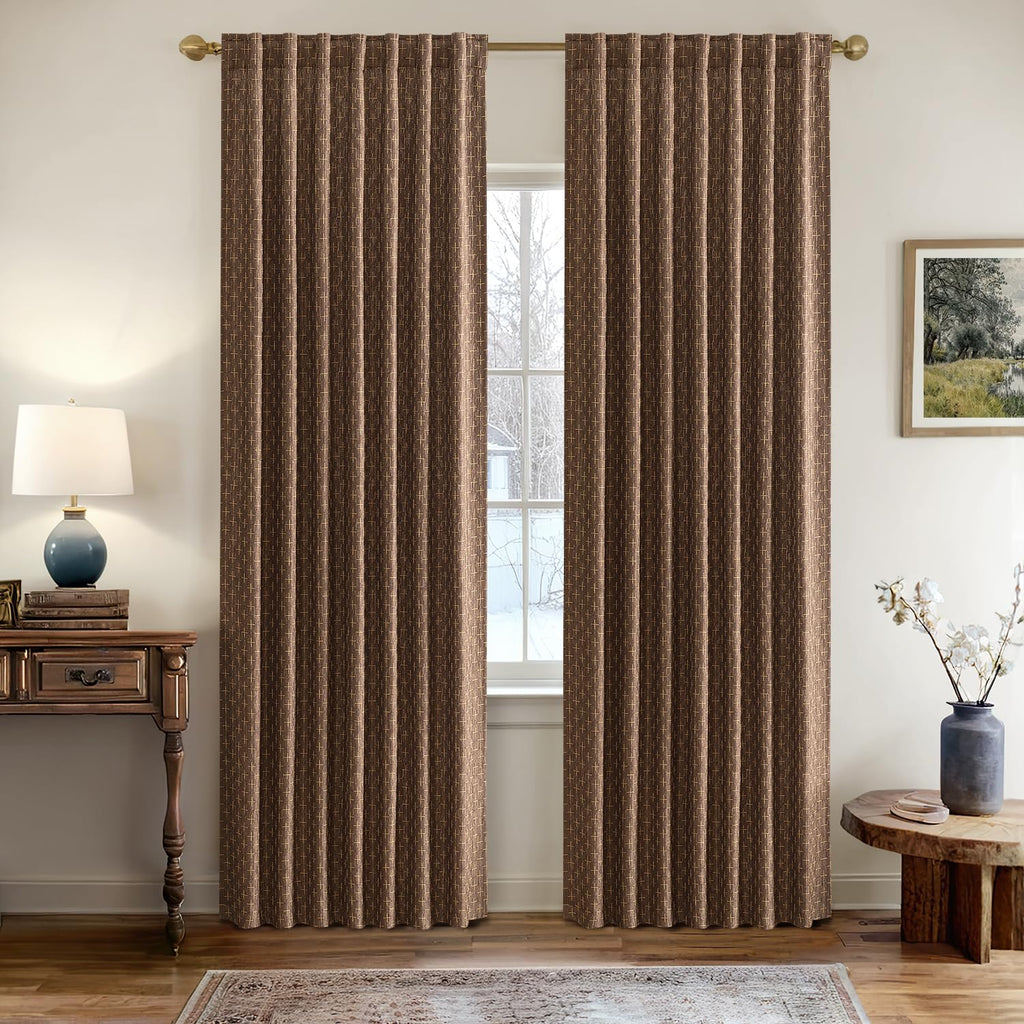 Patterned Farmhouse Linen Curtains, Back Tab, 52Wx84L, Dark Coffee