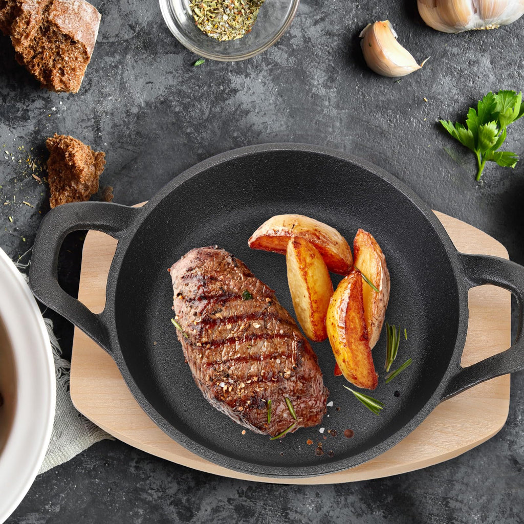 4 Sets Mini Cast Iron Skillet with Wood Base Round, 5.5 Inch