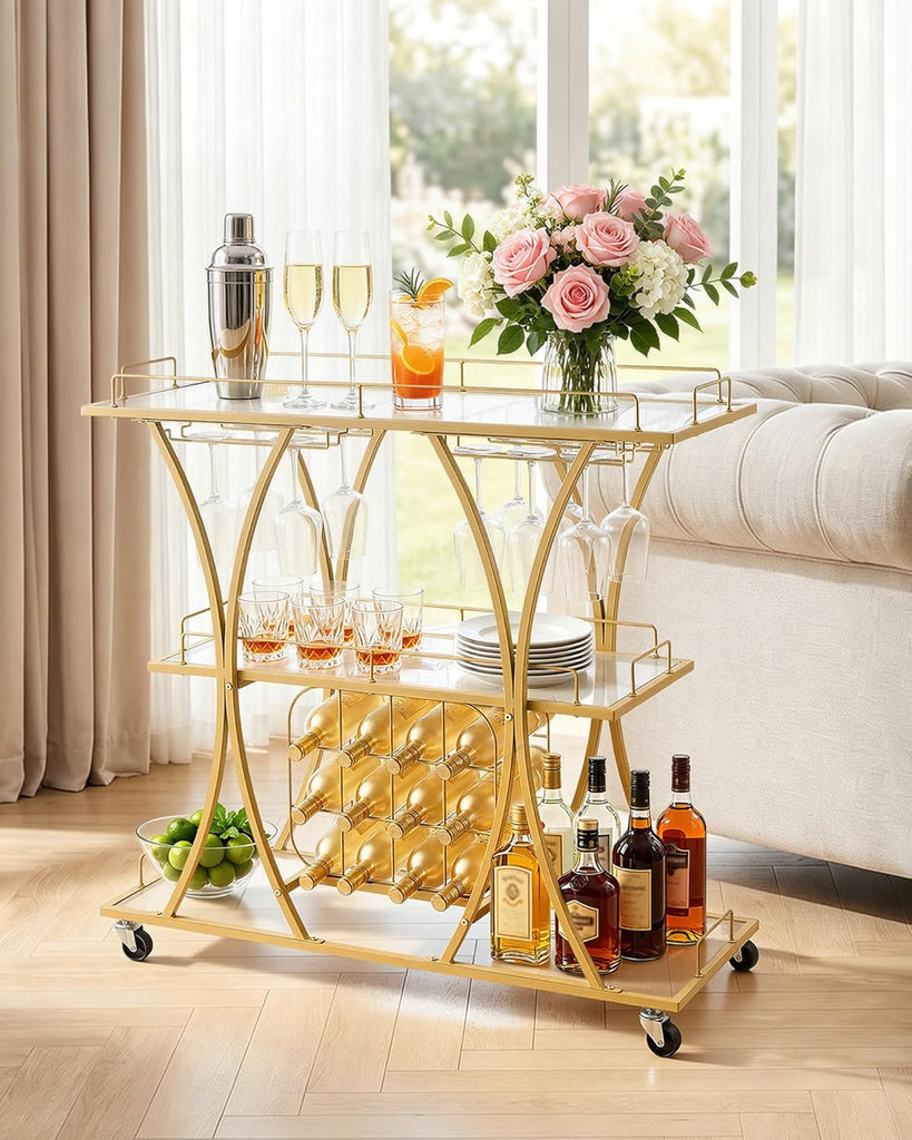 Bar Cart, 3 Tiers Home Kitchen Serving Carts, Modern Rolling Utility Station on Wheels, Drink Beverage Trolley with