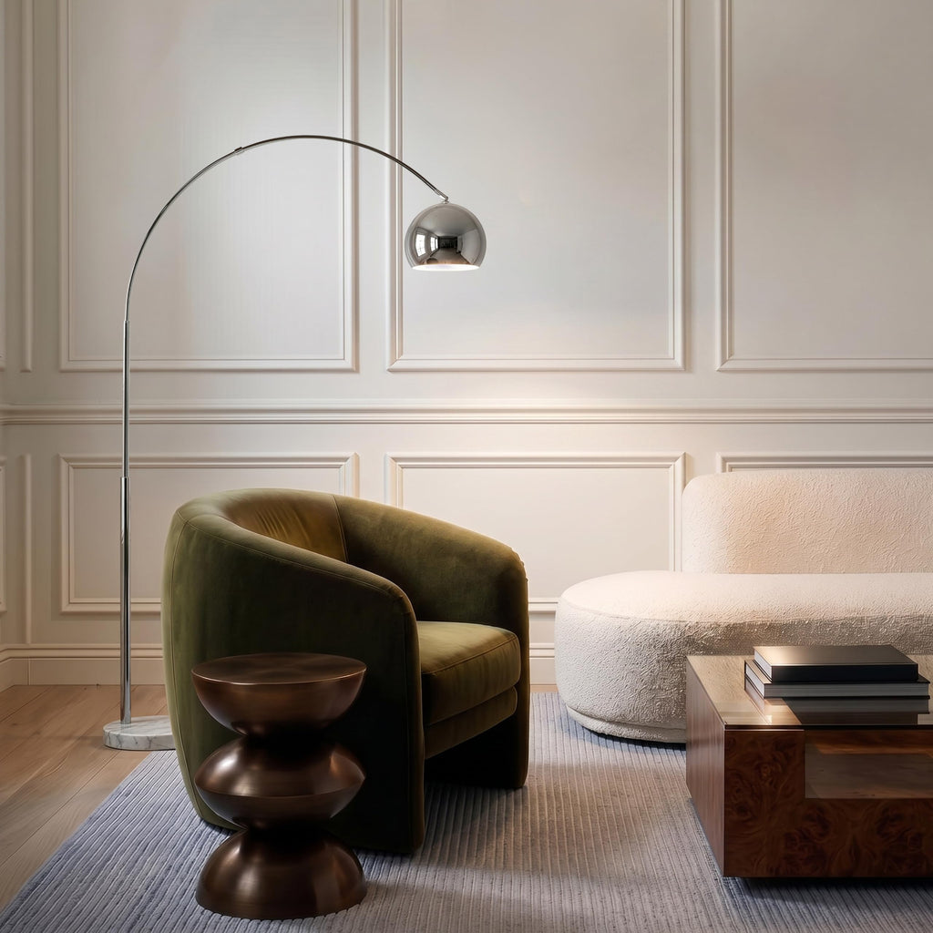 Olivia Floor Lamp - Chic Arc Lamp with Rounded Spolight Head and Marble Base, Tall Standing Lamp with LED Light Bulb