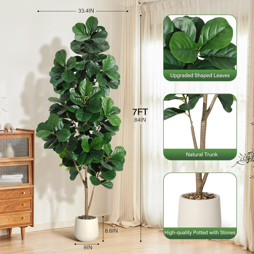 7 ft Fiddle Leaf Fig Tree Artificial with 141 Leaves - Realistic Faux Ficus Lyrata Trees in 9 in White Planter Pot