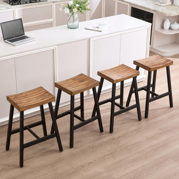 26" Backless Metal Counter Height Bar Stools Set of 4, Industrial Saddle Counter Stools with Curved Wood Seat, Rustic