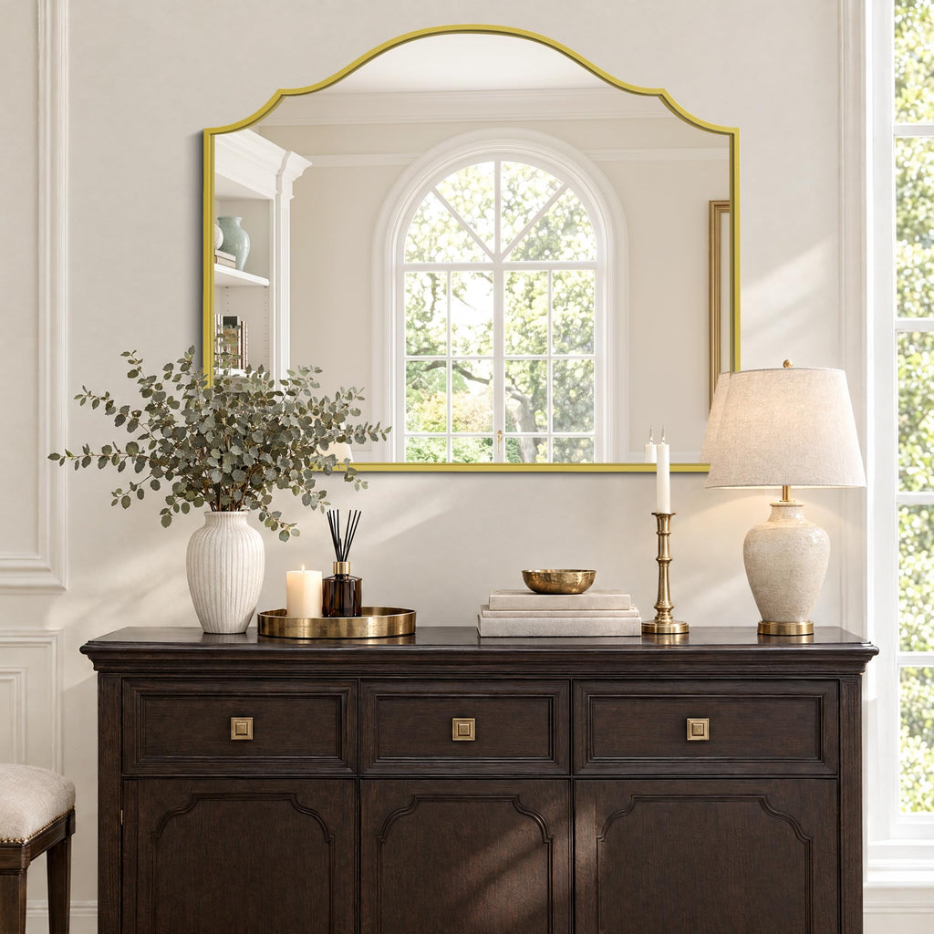 Scalloped Arched Mirror, 36"x30" Gold Mantel Mirror with Metal Frame, Decorative Vintage Wall Mirror Vanity