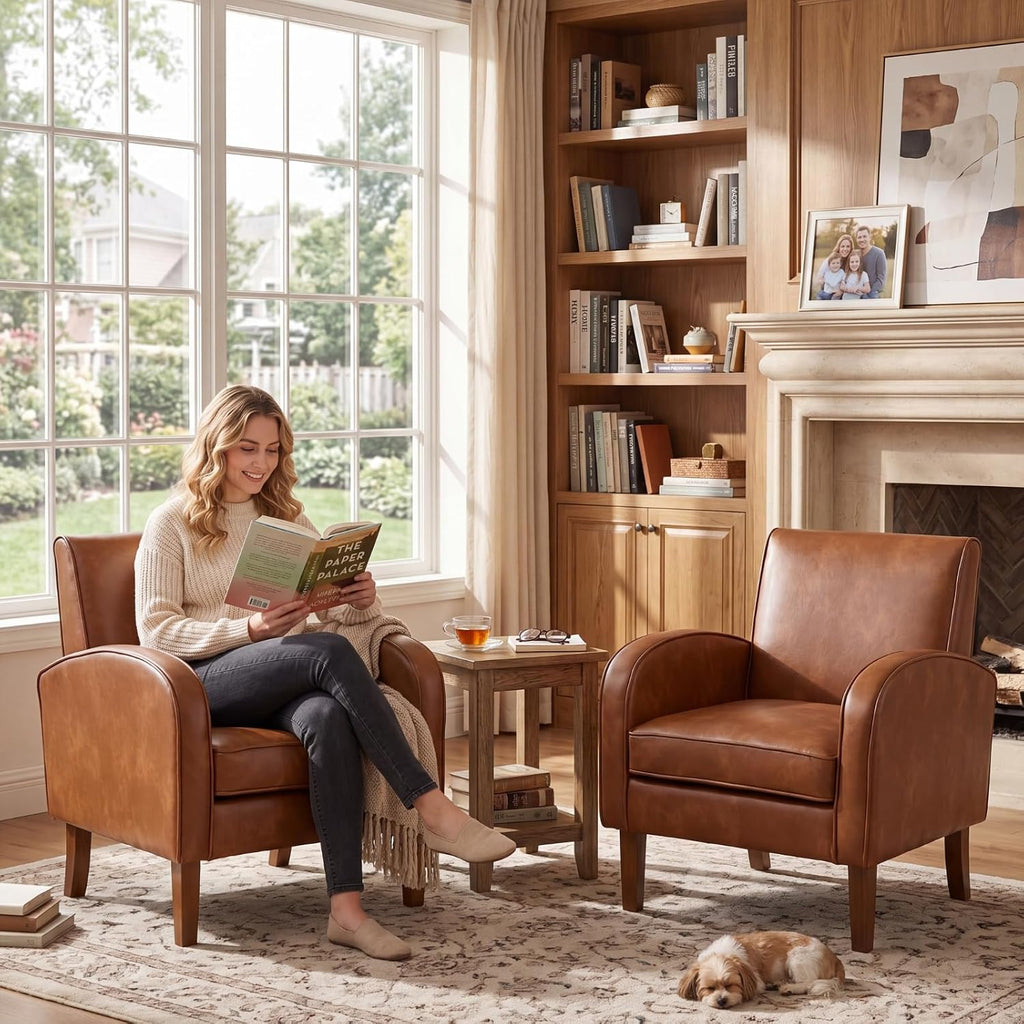 Brown PU Leather Accent Chairs, Living Room Chairs - Set of 2