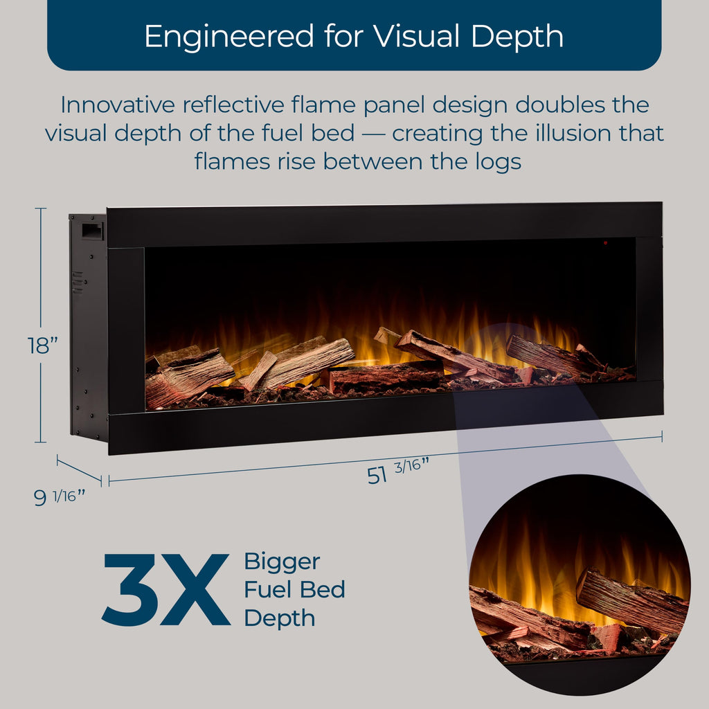 Linear 50" Electric Fireplace, Realistic Flames, Hidden Vents - Oak