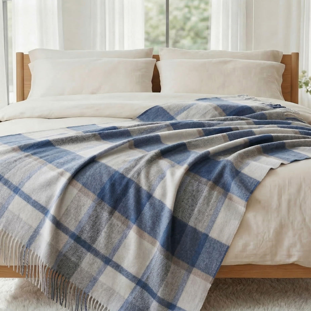 Soft Lightweight 100% Wool Blue Throw Blanket, Fringed, 55"x83"