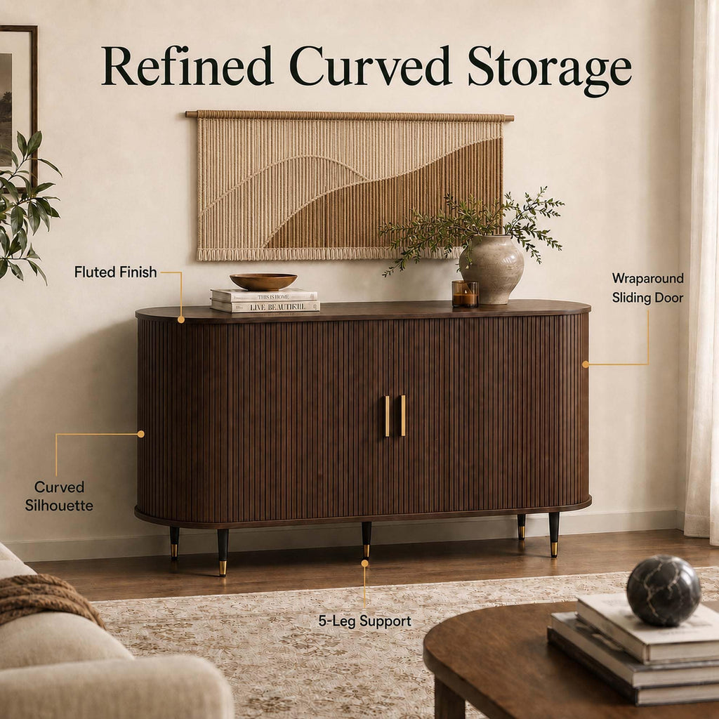 55" Sideboard Cabinet, Fluted Credenzas, Walnut