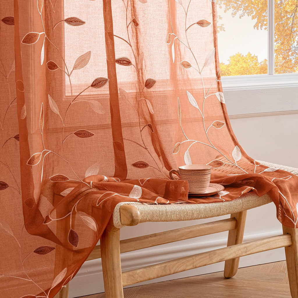 Burnt Orange Sheer Fall Curtains 2 Panels Leaf Patterned, W52 x L45