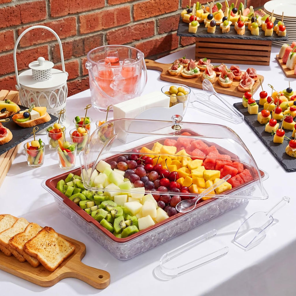 16" x 9" Chilled Serving Tray for Parties with lids Compartments Ice Chilled Party Platter Charcuterie Serving Board
