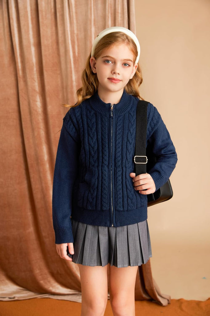 Girls Zipper Knit Sweater Cardigan School Uniform Jacket