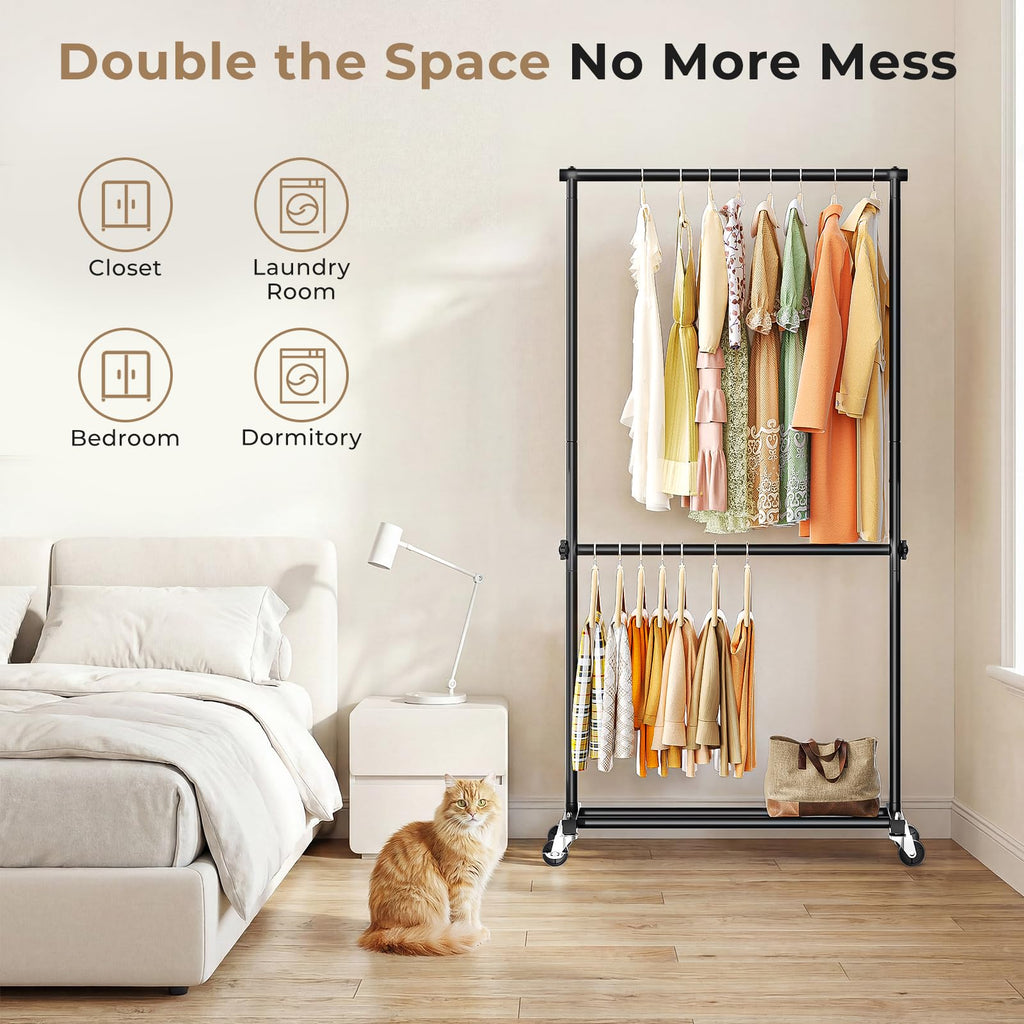 Double Rod Clothes Rack, 35" Wide Hanging Rack for Clothes, Portable Clothing Racks for Hanging Clothes, Rolling