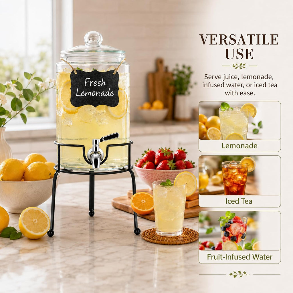 1 Gallon Beverage Dispenser 1 Pack, Stainless Steel Spigot Drink Dispenser for Parties with Stand, Clear Glass Drink