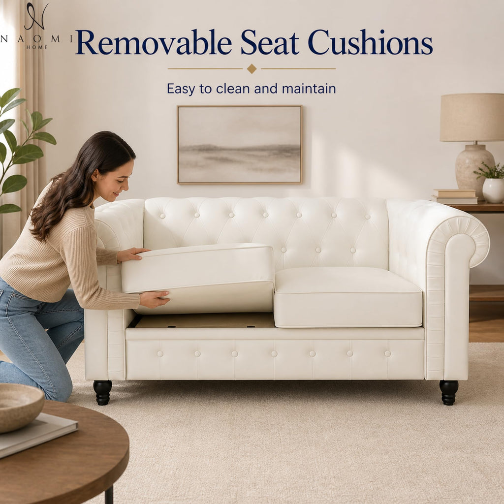 Emery Chesterfield Faux Leather Loveseat, White