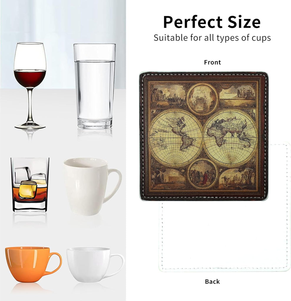 Marble Coasters Square Leather Drinks Coaster Set with Holder for Coffee Table Bar Home Decor 4 Inches (Old - Set of 6