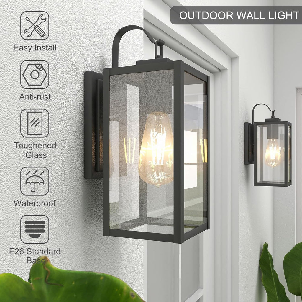 Outdoor Wall Lights, Matte Black Exterior Light Fixture with Clear Glass Shade, Waterproof Front Porch Lighting